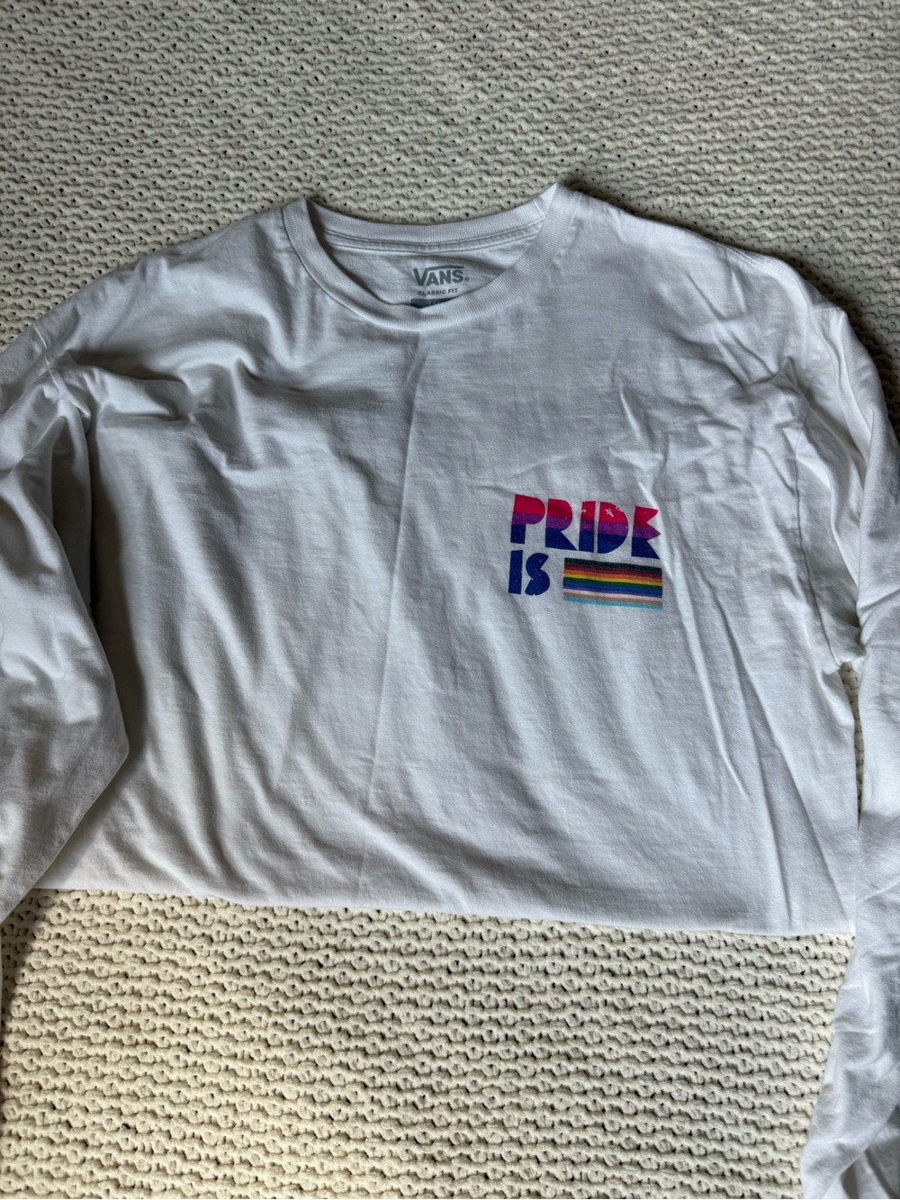 Vans White Long Sleeve Tee with Colorful 'PRIDE IS' Chest Graphic sz Large LGBTQ